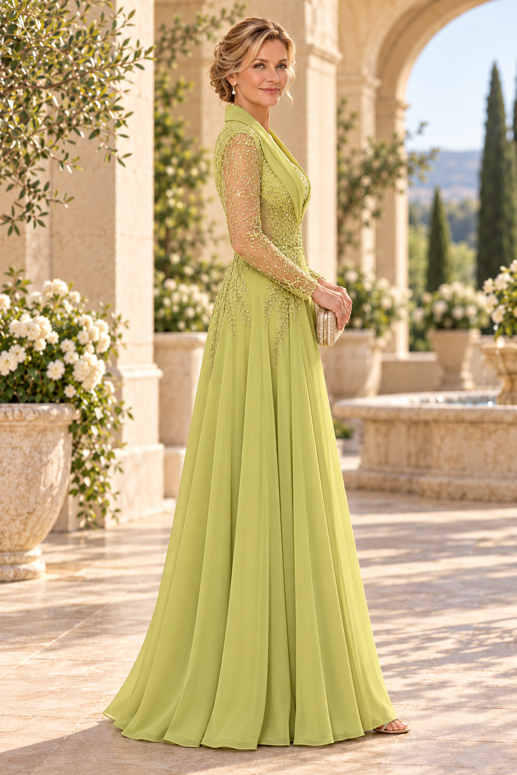 Beaded A-Line Gown with Shawl Collar & Sleeves