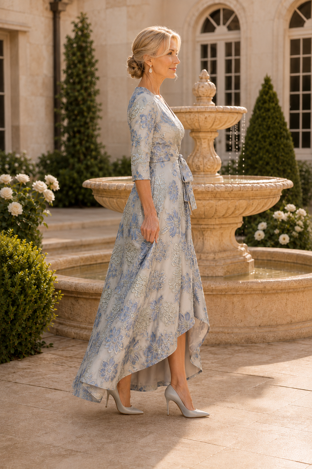 Floral Jacquard High-Low Wrap Dress