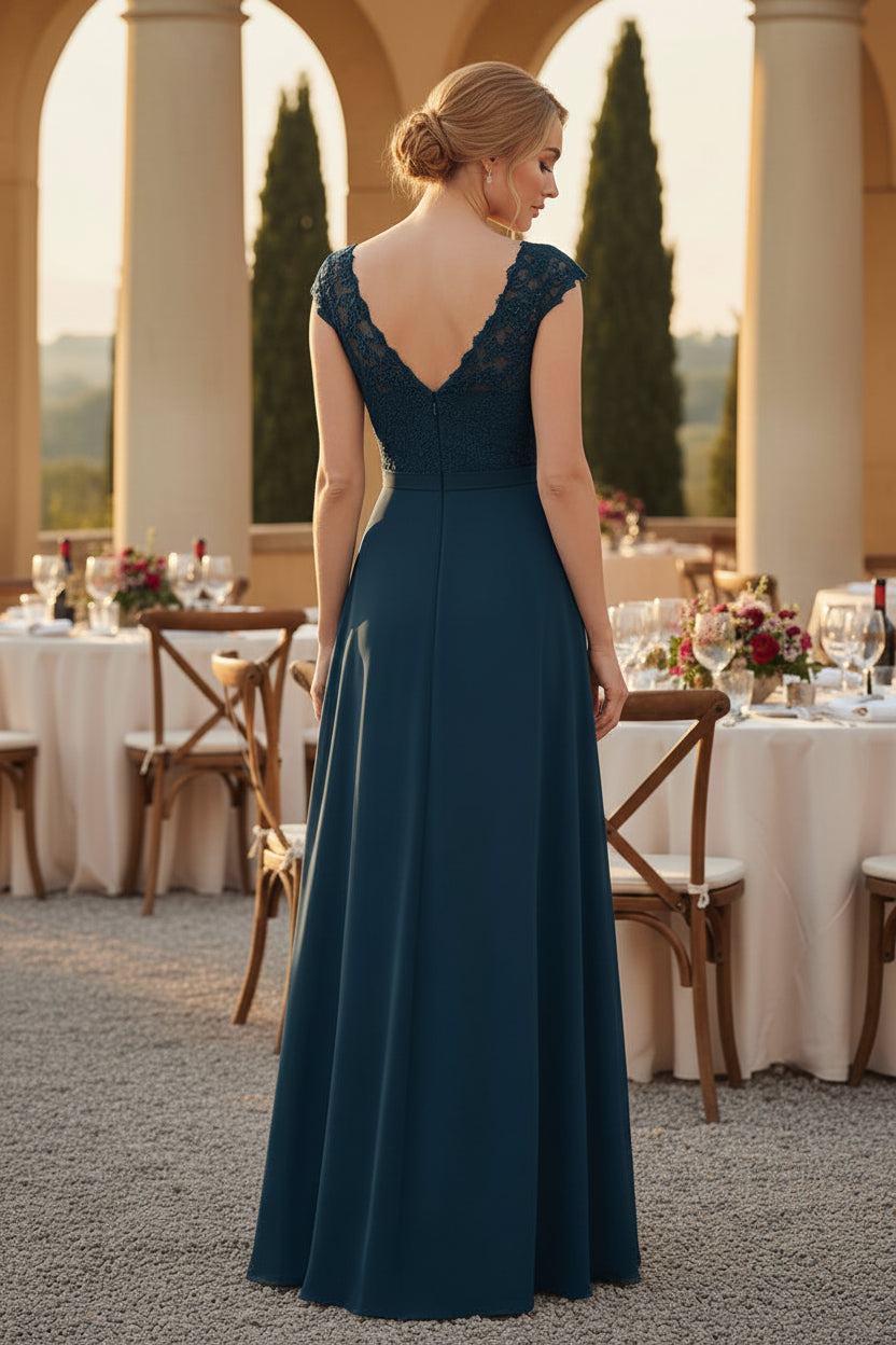 A-Line V-Neck Chiffon Evening Gown with Cap Sleeves
