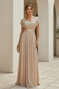 Sequin V-Neck Cap Sleeve A-Line Evening Gown
