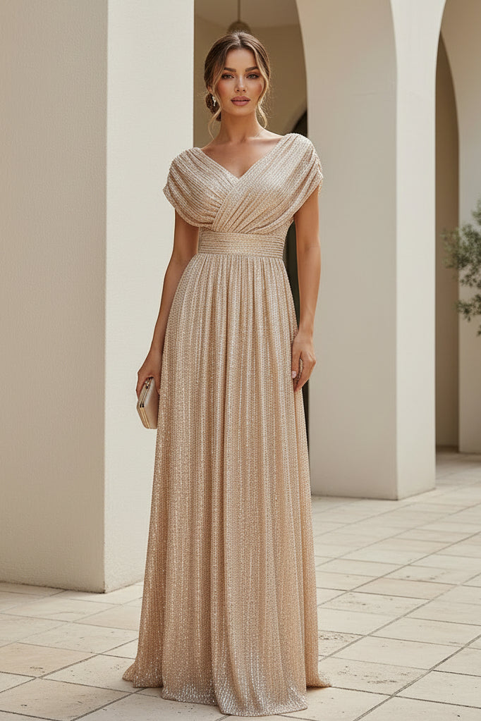 Sequin V-Neck Cap Sleeve A-Line Evening Gown