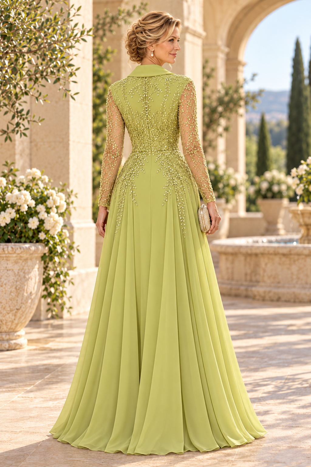 Beaded A-Line Gown with Shawl Collar & Sleeves