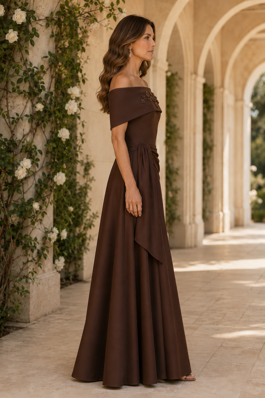 Beaded Off-the-Shoulder Draped A-Line Gown
