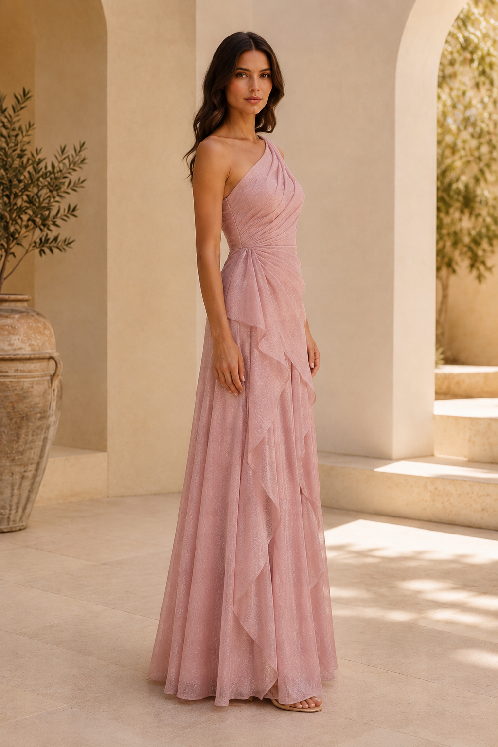 One-Shoulder Glitter Gown with Cascading Ruffle Skirt