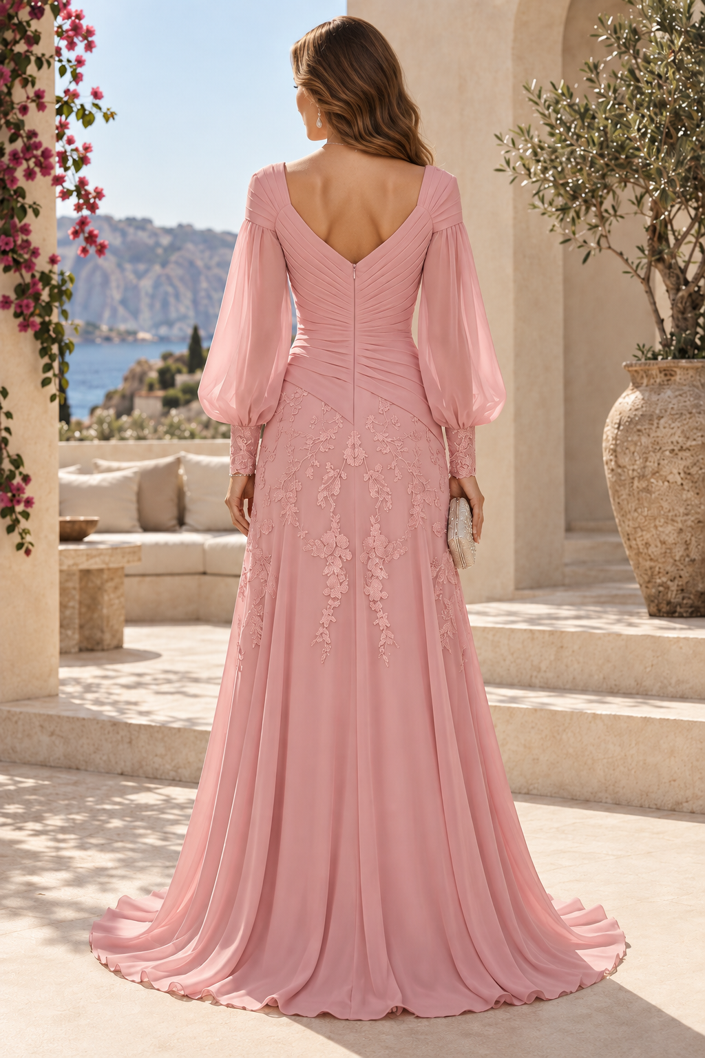 Ruched Bodice Bishop Sleeve Lace Applique Gown