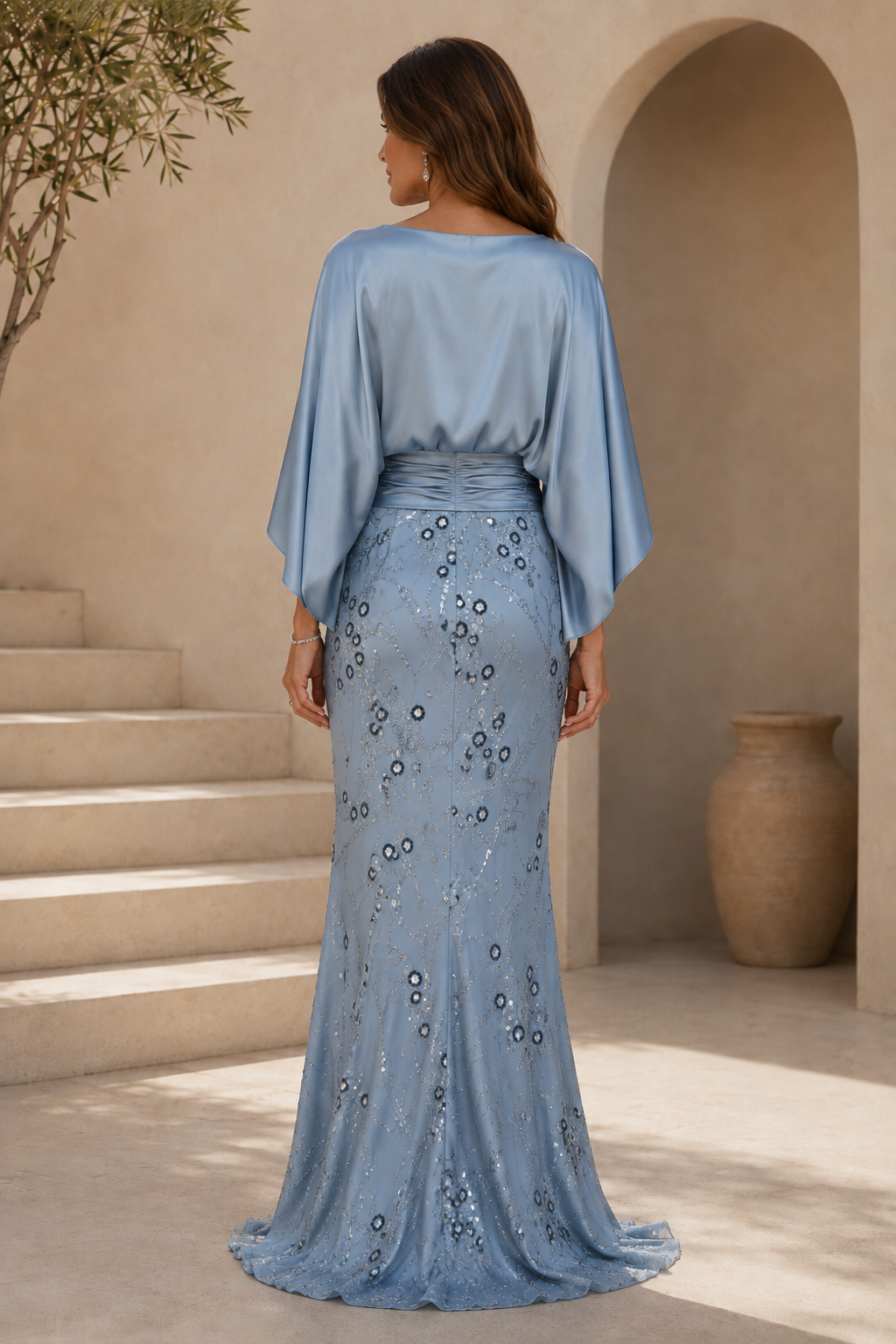 Fledermausärmel Pailletten bodenlanges Kleid
