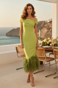Asymmetric Off-Shoulder Midi Dress with Feather Hem
