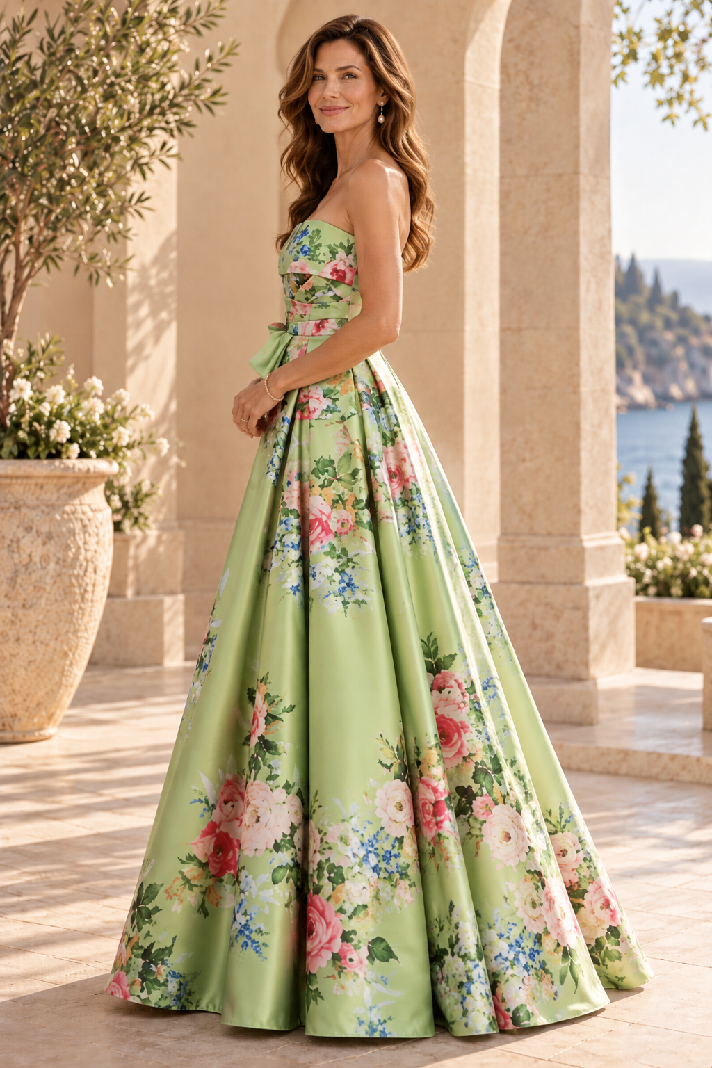 Strapless Floral Print Pleated A-Line Gown