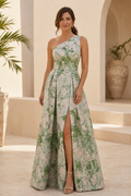 One-Shoulder Floral Print Gown with High Slit