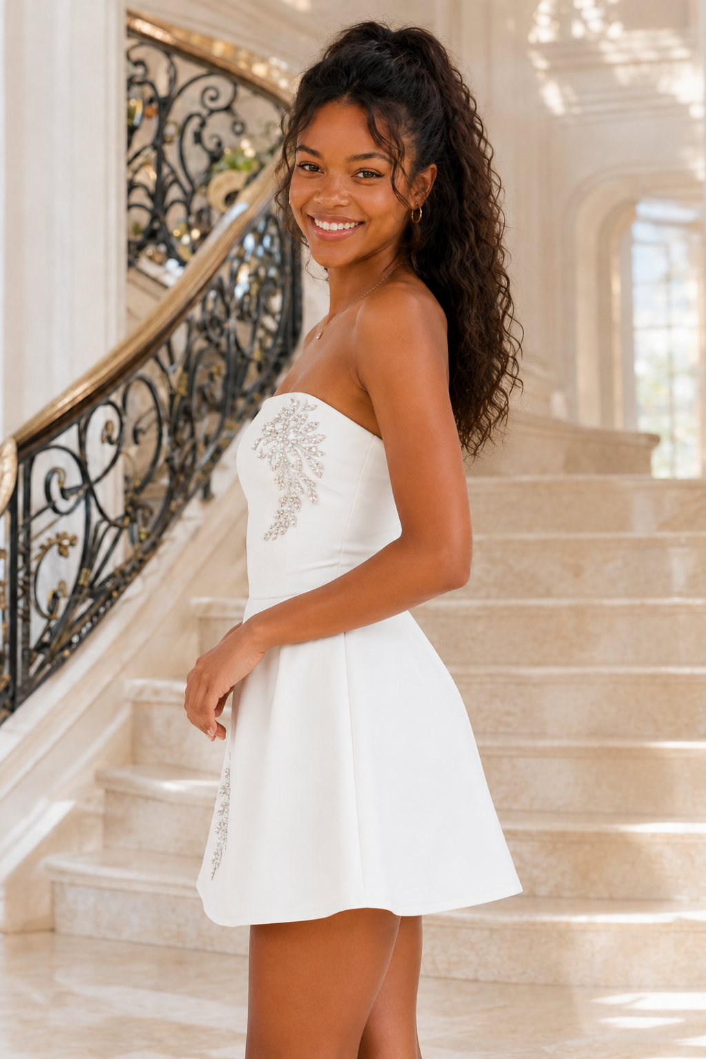 Strapless Crystal Embellished A-Line Mini Dress