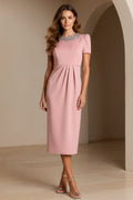 Pleated Midi Sheath Dress with Crystal Neckline