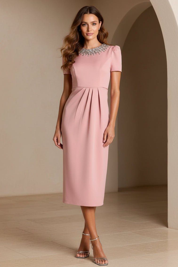Pleated Midi Sheath Dress with Crystal Neckline