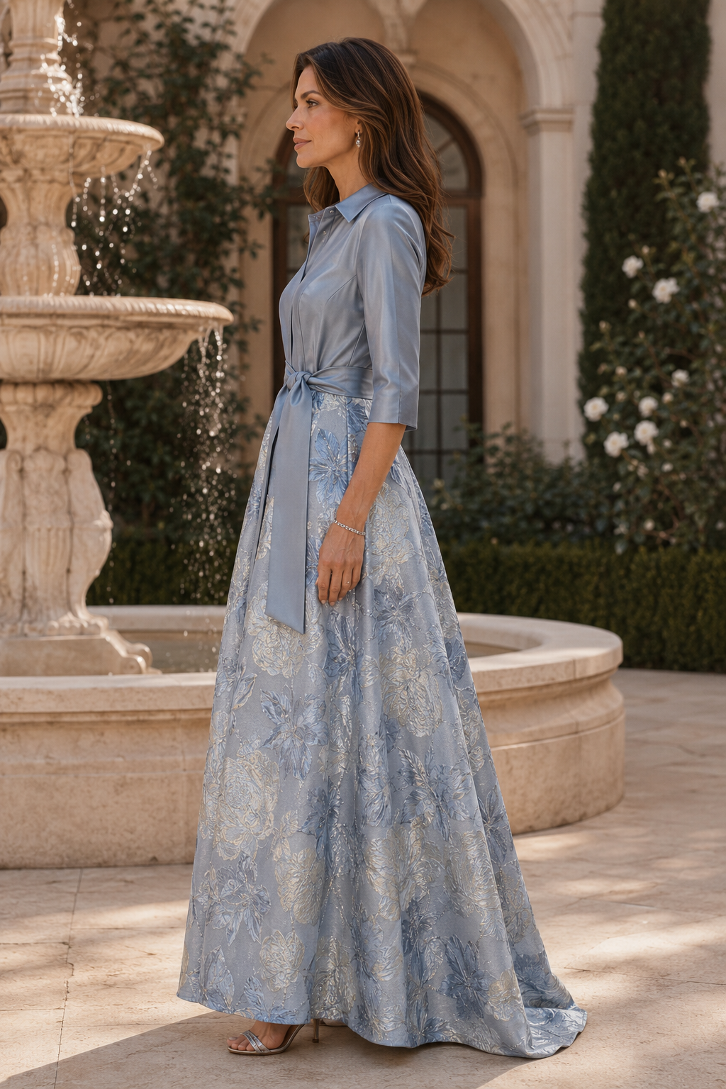 Collared Floral Brocade A-Line Evening Gown