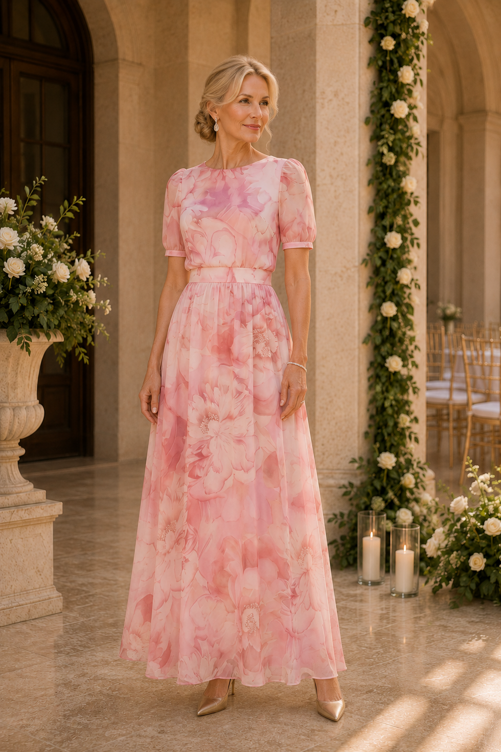 Floral Print A-Line Maxi Dress with Puff Sleeves