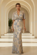 Floral Lace Flutter Sleeve V-Neck Evening Gown
