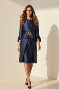 Structured Coat Dress with Bell Sleeves & Brooch