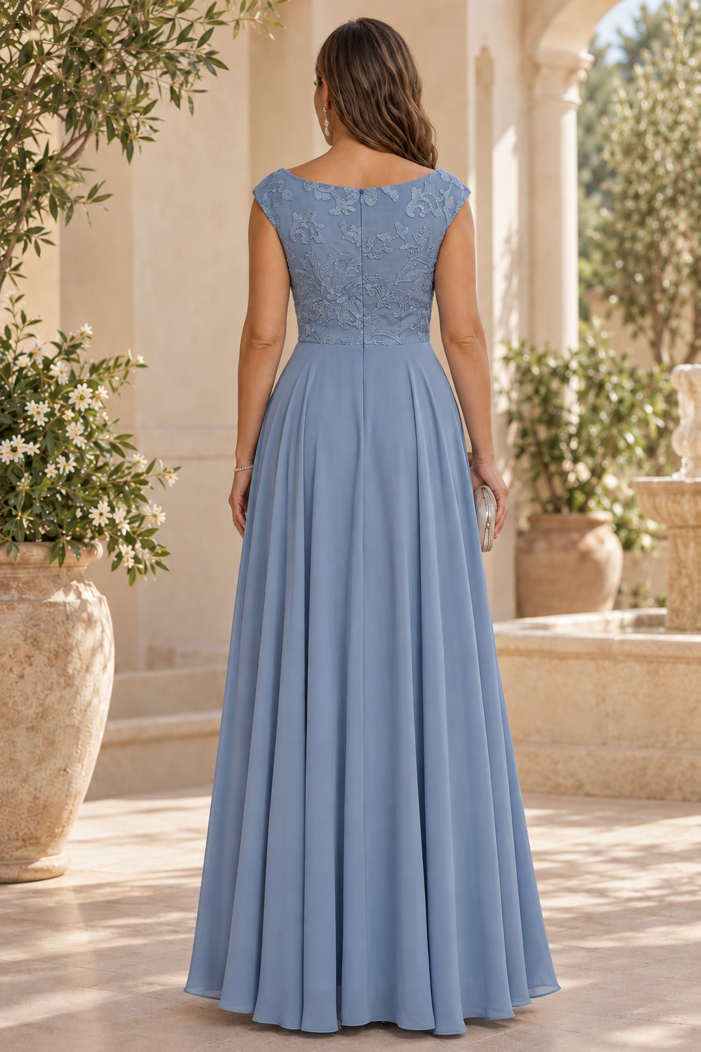 Embroidered Lace Cap Sleeve A-Line Evening Gown