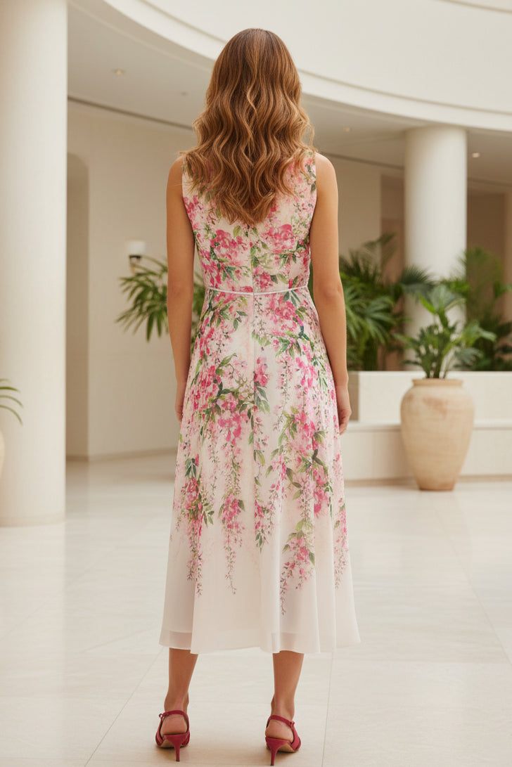 Elegant Floral Print Chiffon Midi Dress