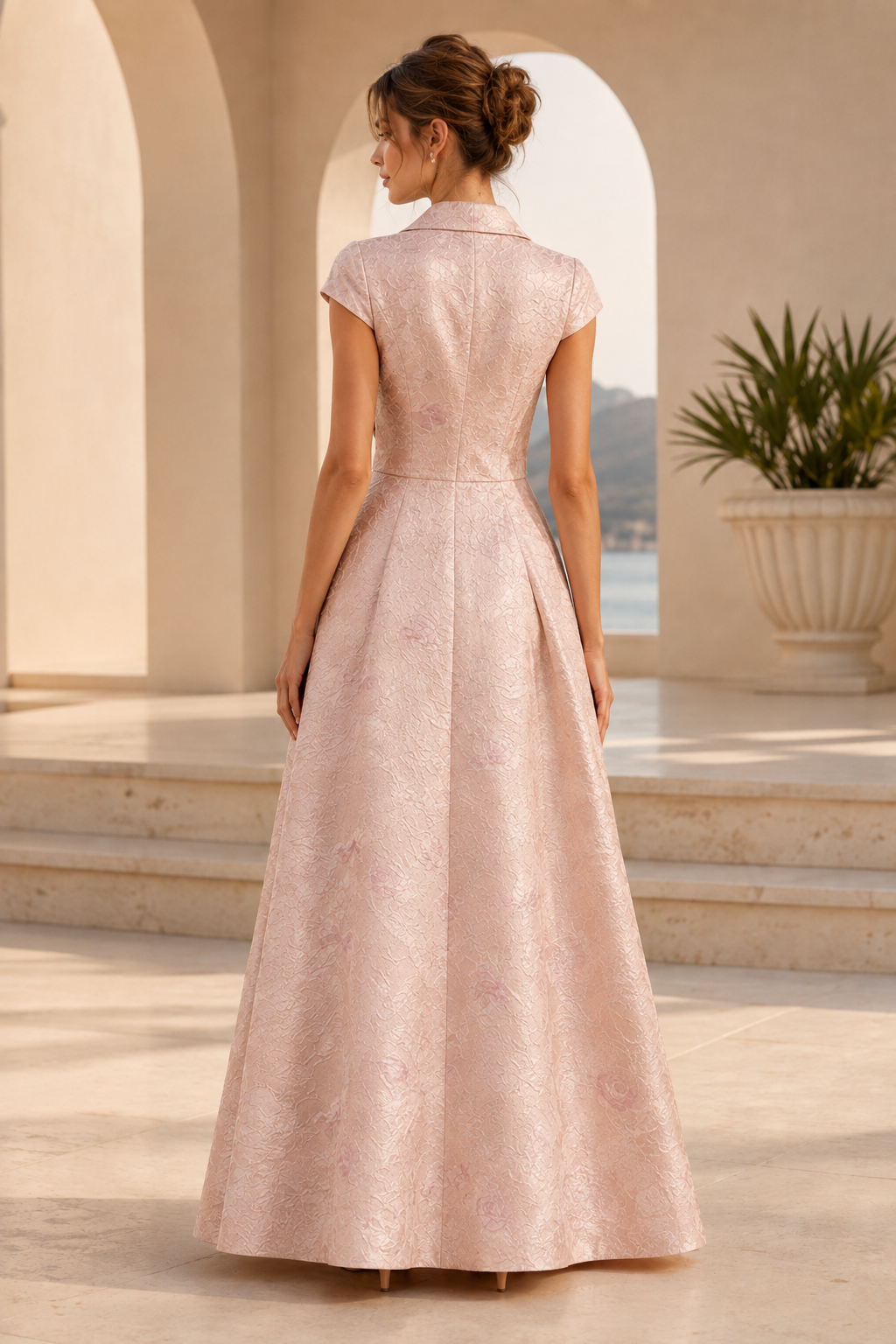 Collared Brocade A-Line Gown with 3D Flower