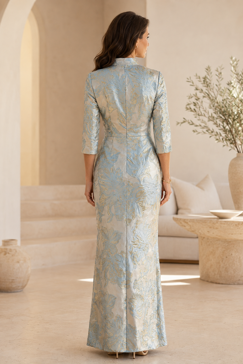 Metallic Floral Jacquard Stand-Collar Gown, 3/4 Sleeves