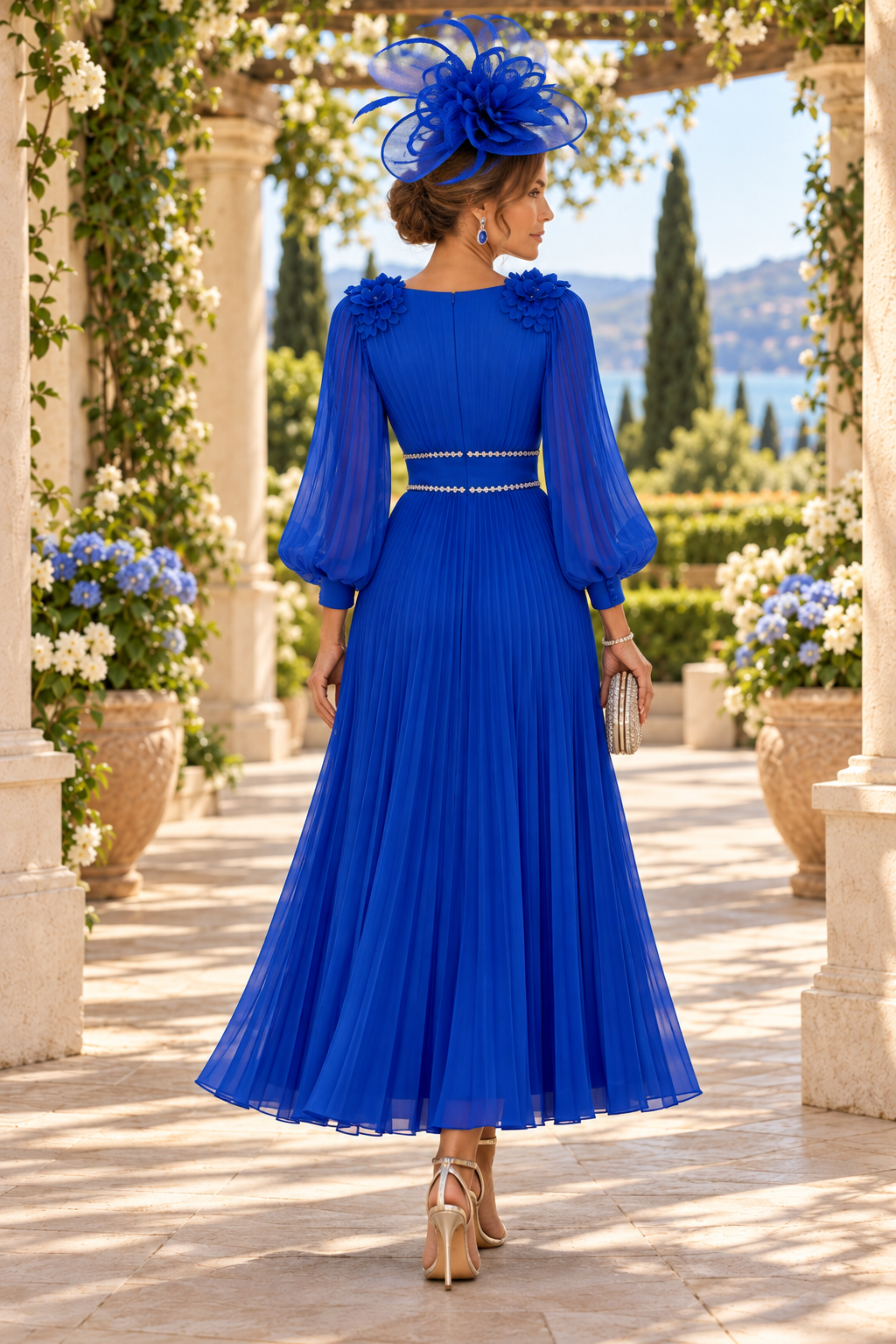 Pleated A-Line Midi Dress with Bishop Sleeves