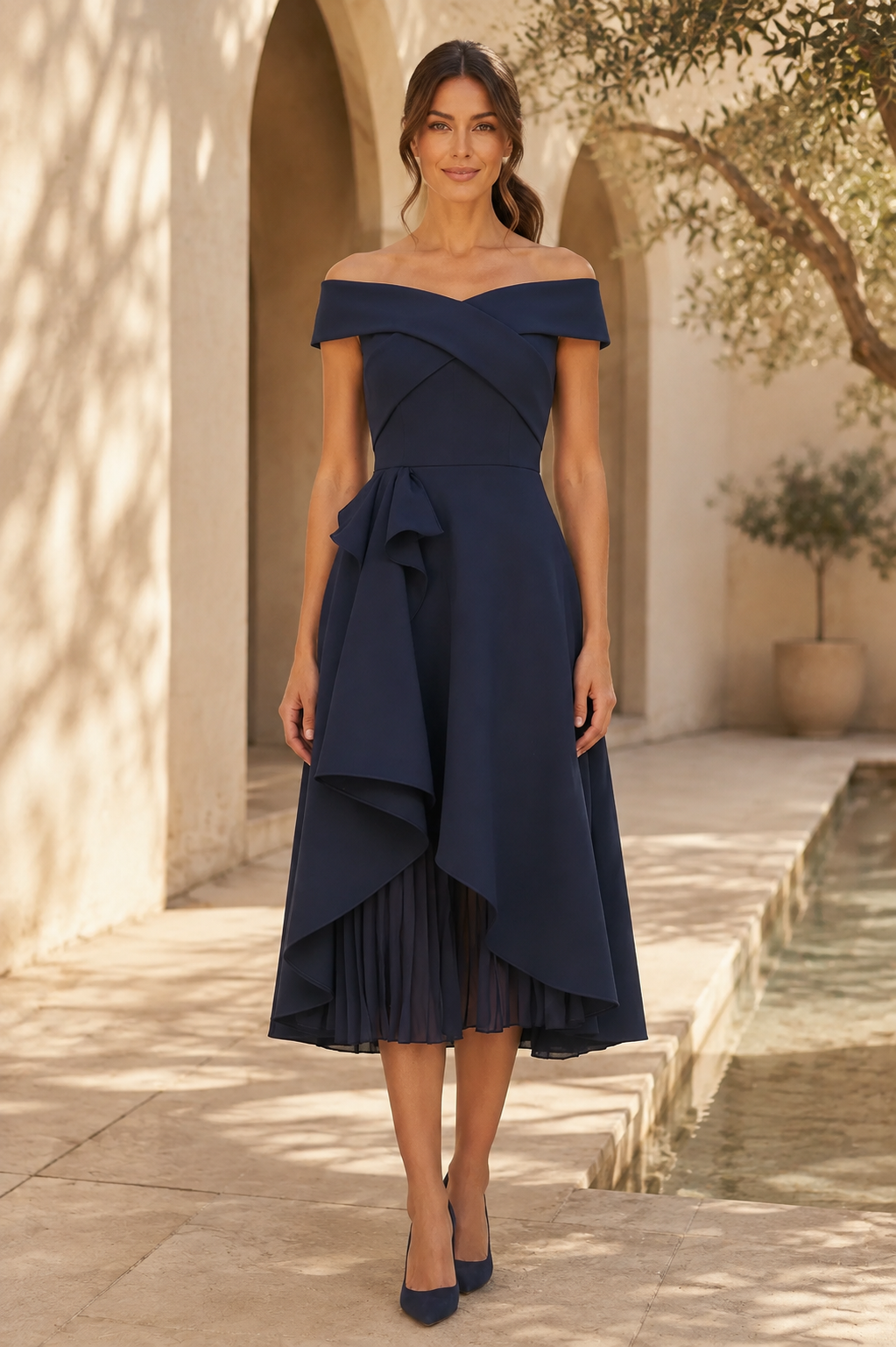 Off-the-Shoulder Midi Dress with Cascading Ruffle Skirt