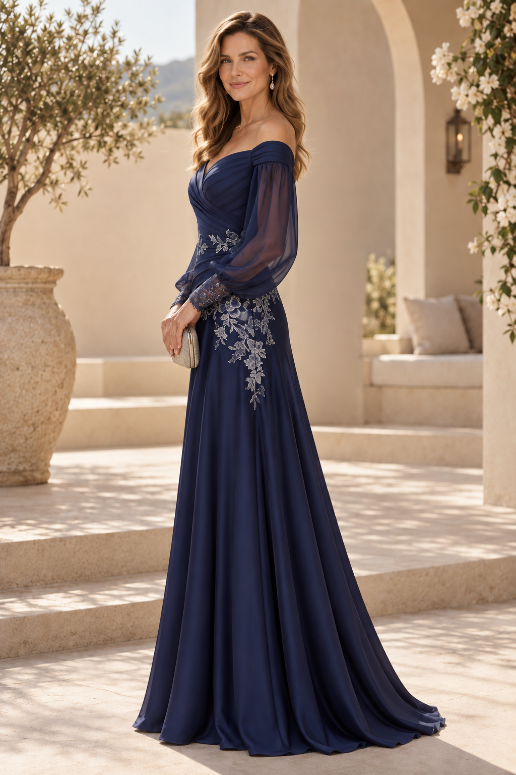 Off-the-Shoulder Floral Applique Evening Gown