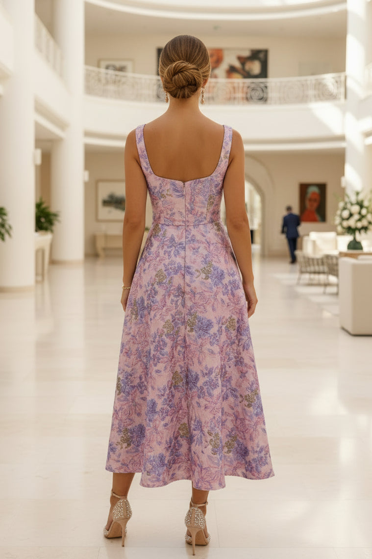 Floral Jacquard Midi Dress with Bow Detail