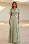 Metallic Jacquard Flutter Sleeve A-Line Gown