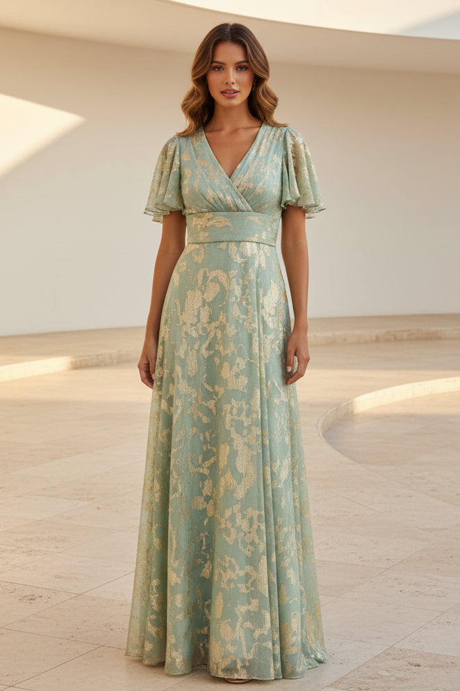 Metallic Jacquard Flutter Sleeve A-Line Gown