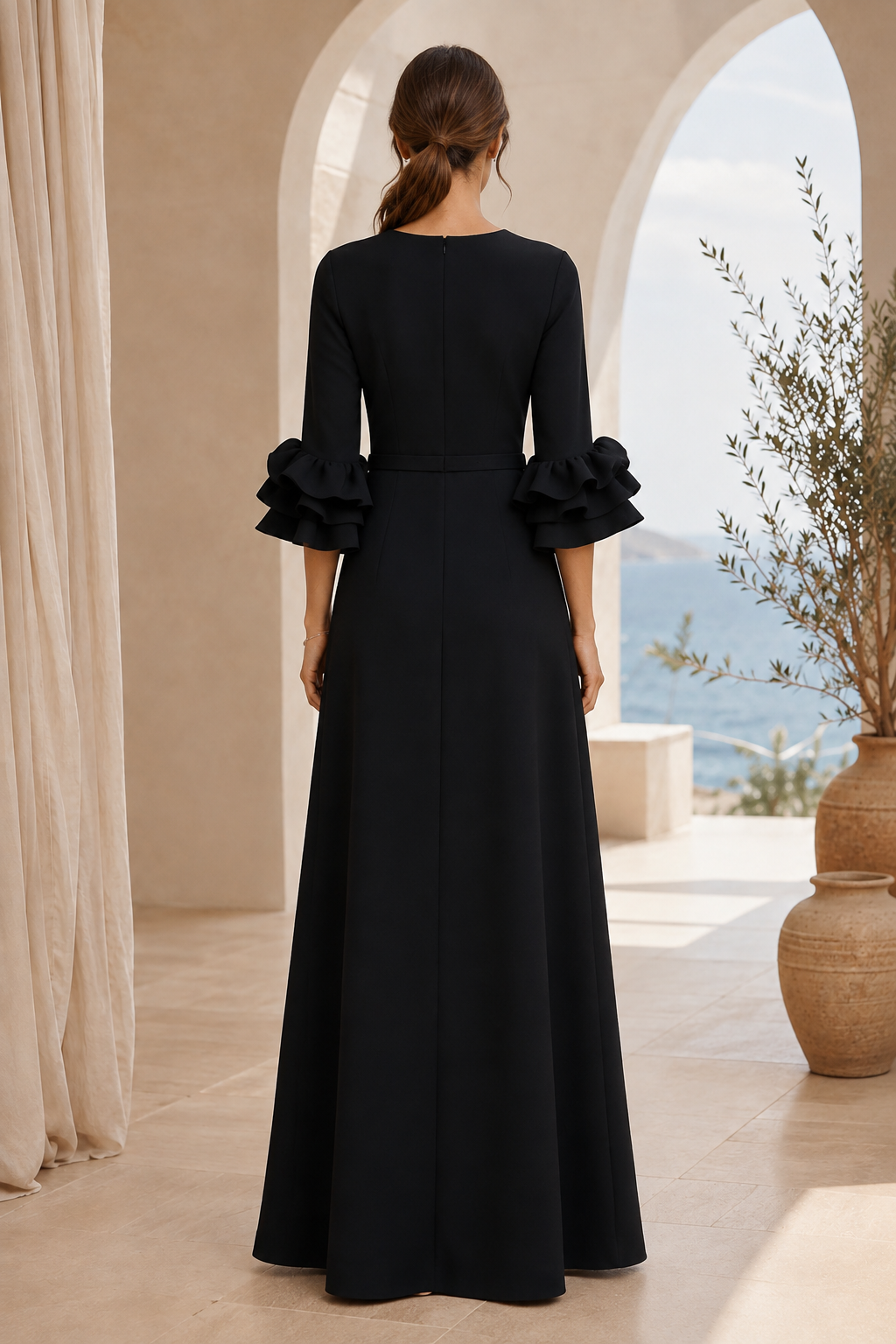 A-Line Evening Gown with Ruffled Cuffs and Belt