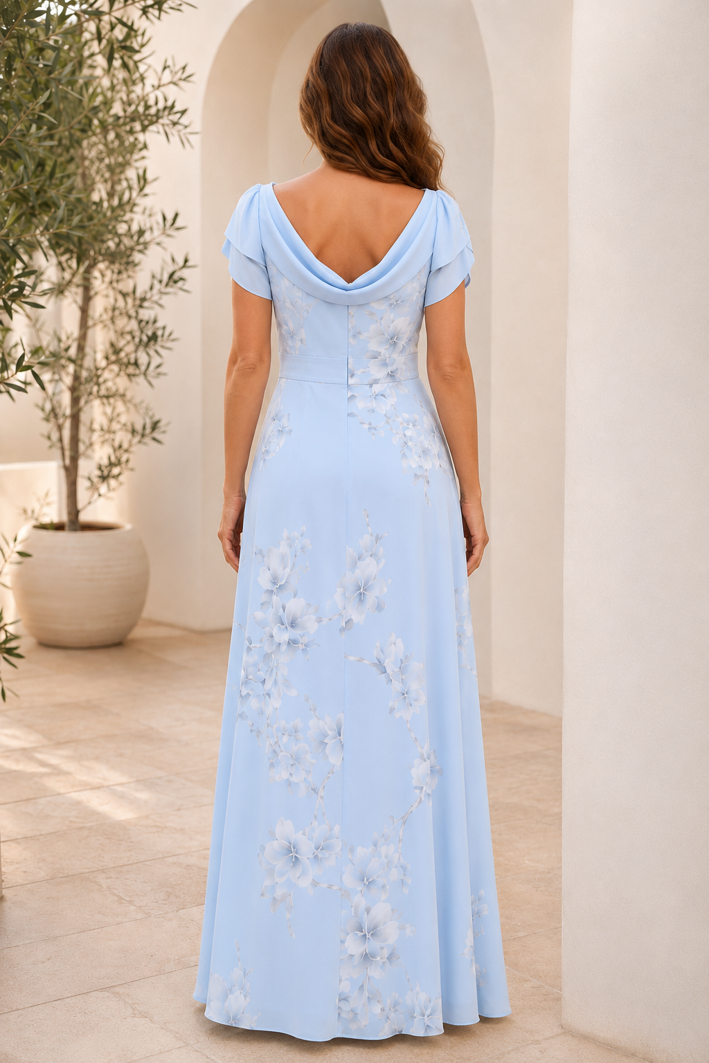 Cowl Neck Flutter Sleeve Floral Maxi Dress