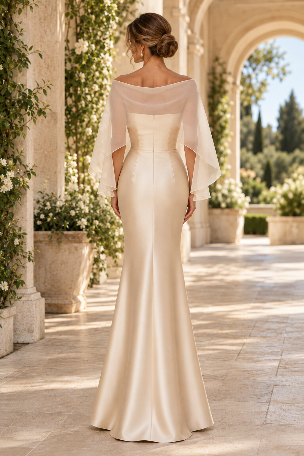 Trumpet Evening Gown with Sheer Floral Capelet