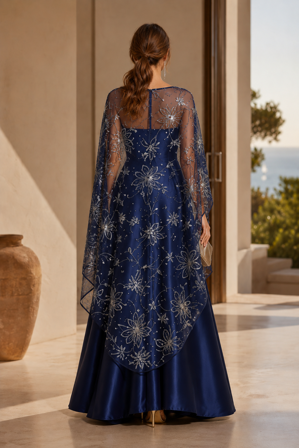 A-Line Evening Gown with Beaded Floral Capelet