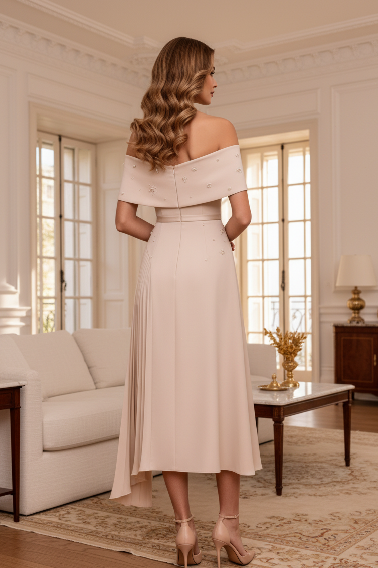 Off Shoulder Pearl Embellished Pleated Midi Dress