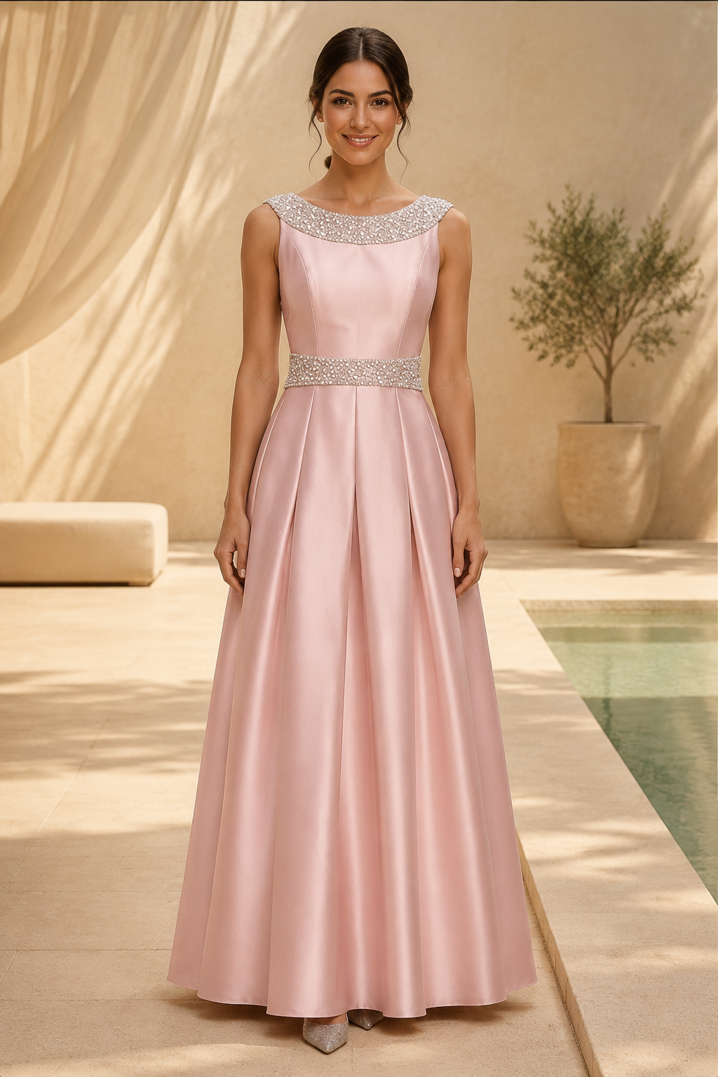 Beaded Bateau Neck A-Line Satin Gown