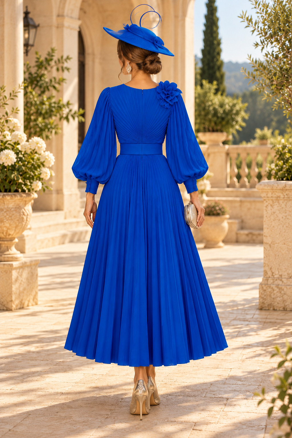 Pleated A-Line Midi Dress with Lantern Sleeves
