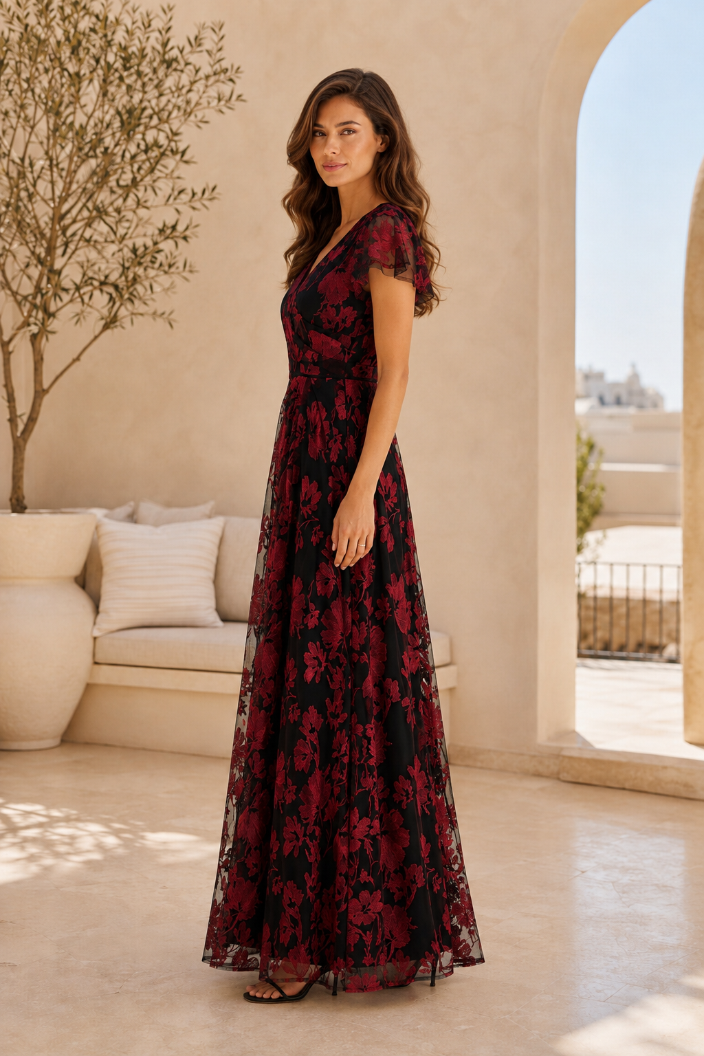 Floral Print Flutter Sleeve V-Neck Maxi Evening Dress