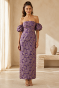 Off-the-Shoulder Puff Sleeve Jacquard Column Dress