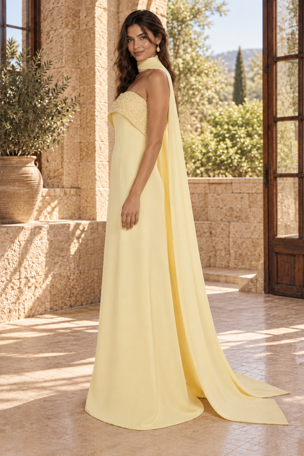Strapless Beaded Bodice Gown with Cape Drape