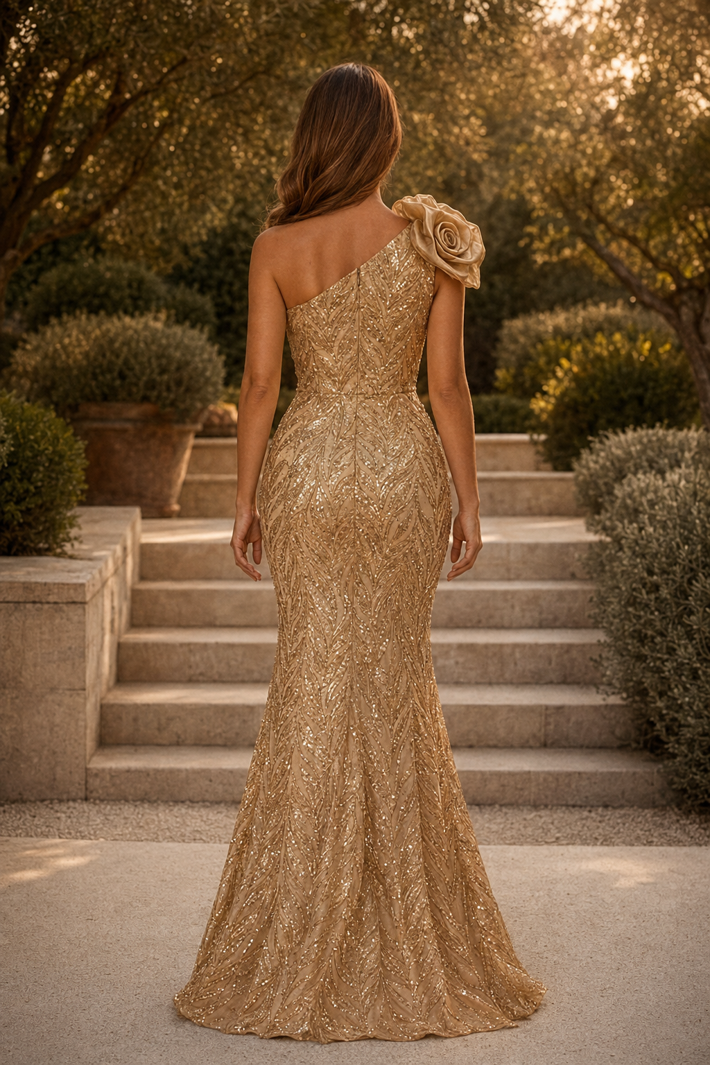 One-Shoulder Floral Sequin Mermaid Evening Gown