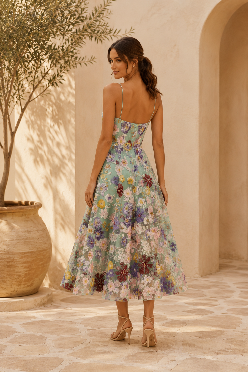 Floral Embroidered Sweetheart Midi Dress
