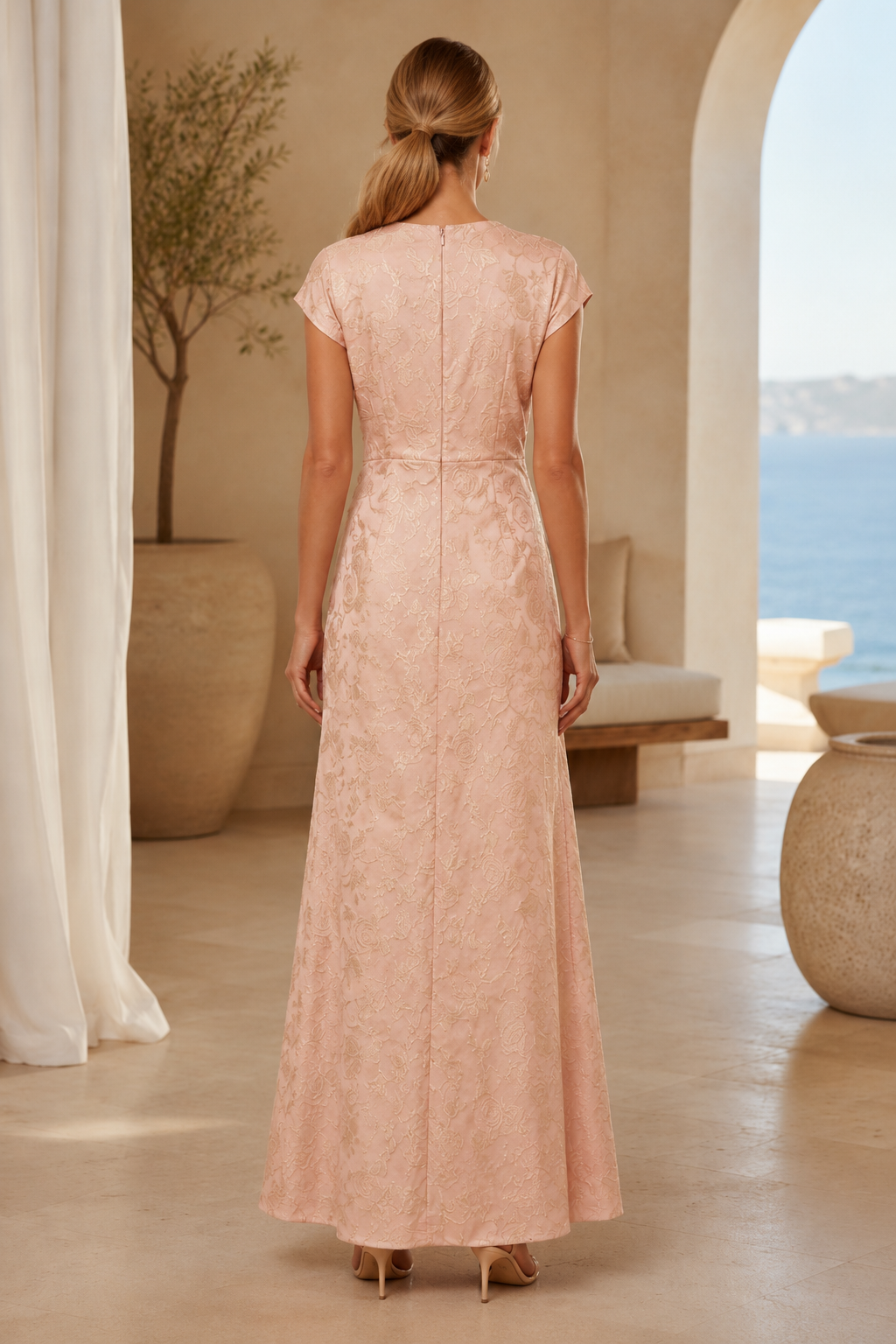 Jacquard Side-Gathered A-Line Evening Gown