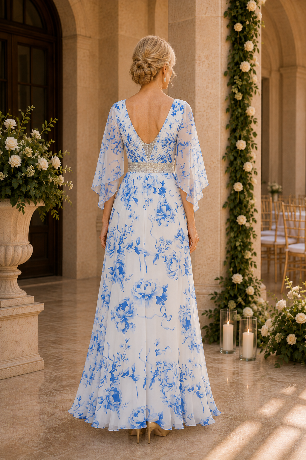 Floral Print A-Line Gown with Flutter Sleeves