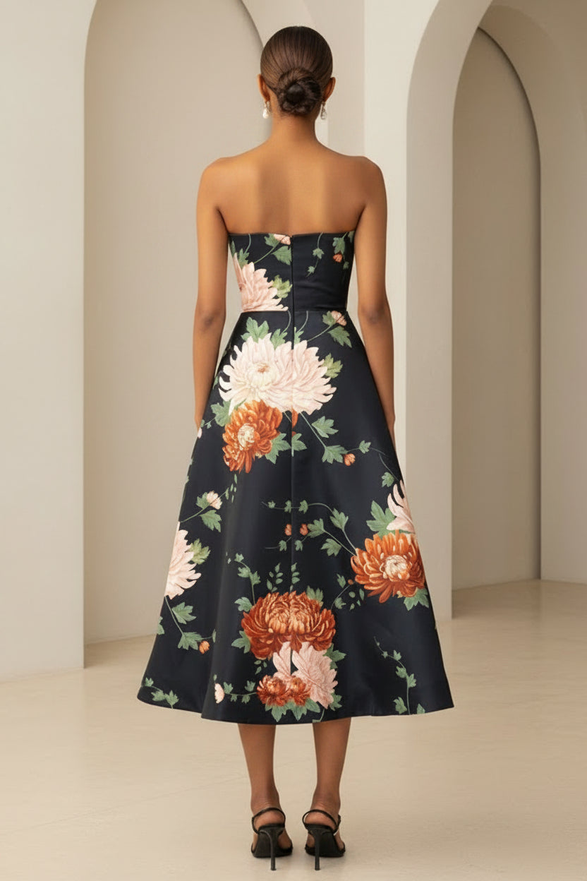 Strapless Floral A-Line Midi Dress