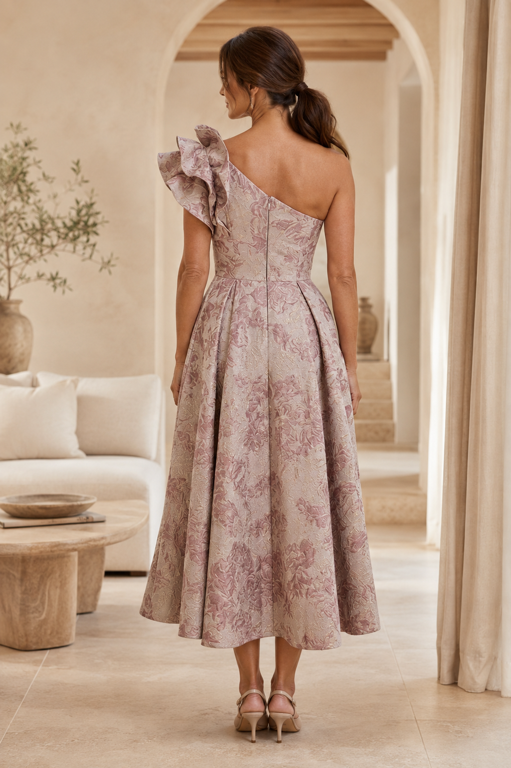 One-Shoulder Floral Jacquard Midi Dress with Ruffle Detail