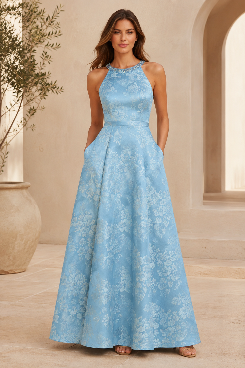 Floral Jacquard Halter Gown with Beaded Neckline