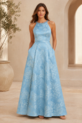 Floral Jacquard Halter Gown with Beaded Neckline