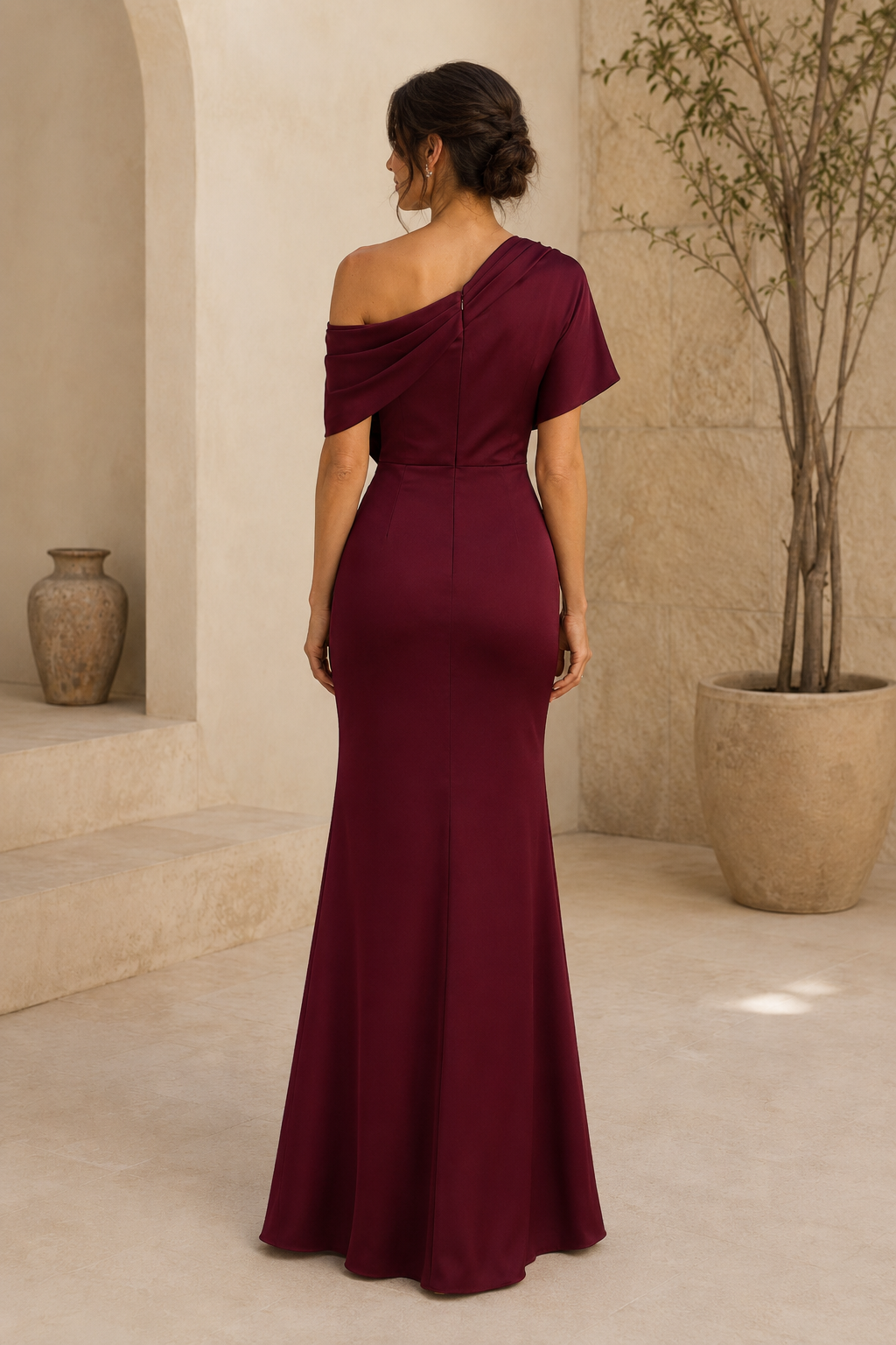 One Shoulder Draped Satin Trumpet Evening Gown