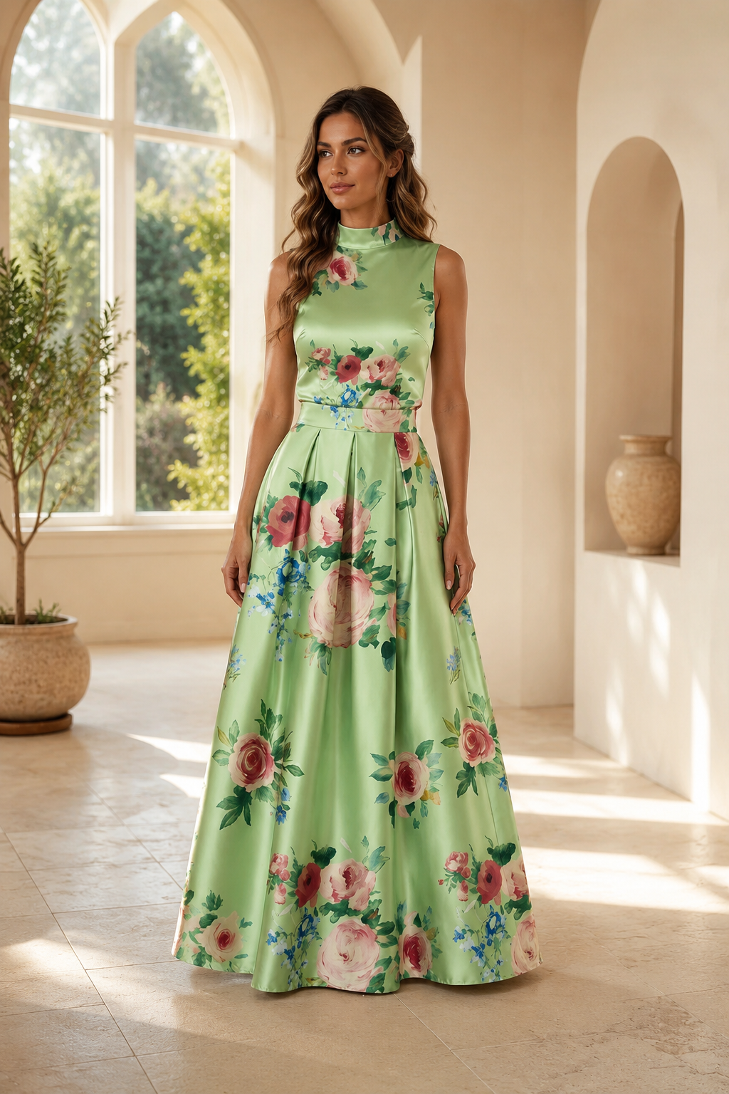High Neck Floral Print Satin A-Line Maxi Dress
